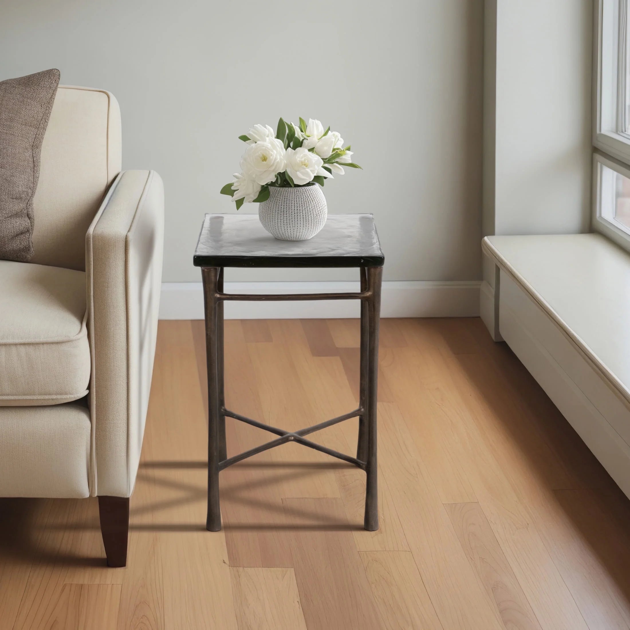 Elegant Aluminum and Glass 22" Square Accent Table - Timeless Antique Look for Your Stylish Home