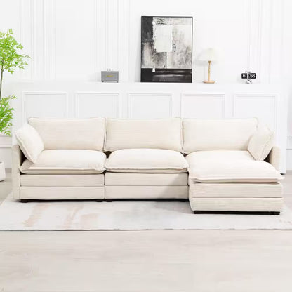 112 In. W 4-Piece Modern Straight Arm Corduroy Fabric L-Shaped Sectional Sofa with Ottoman in Beige
