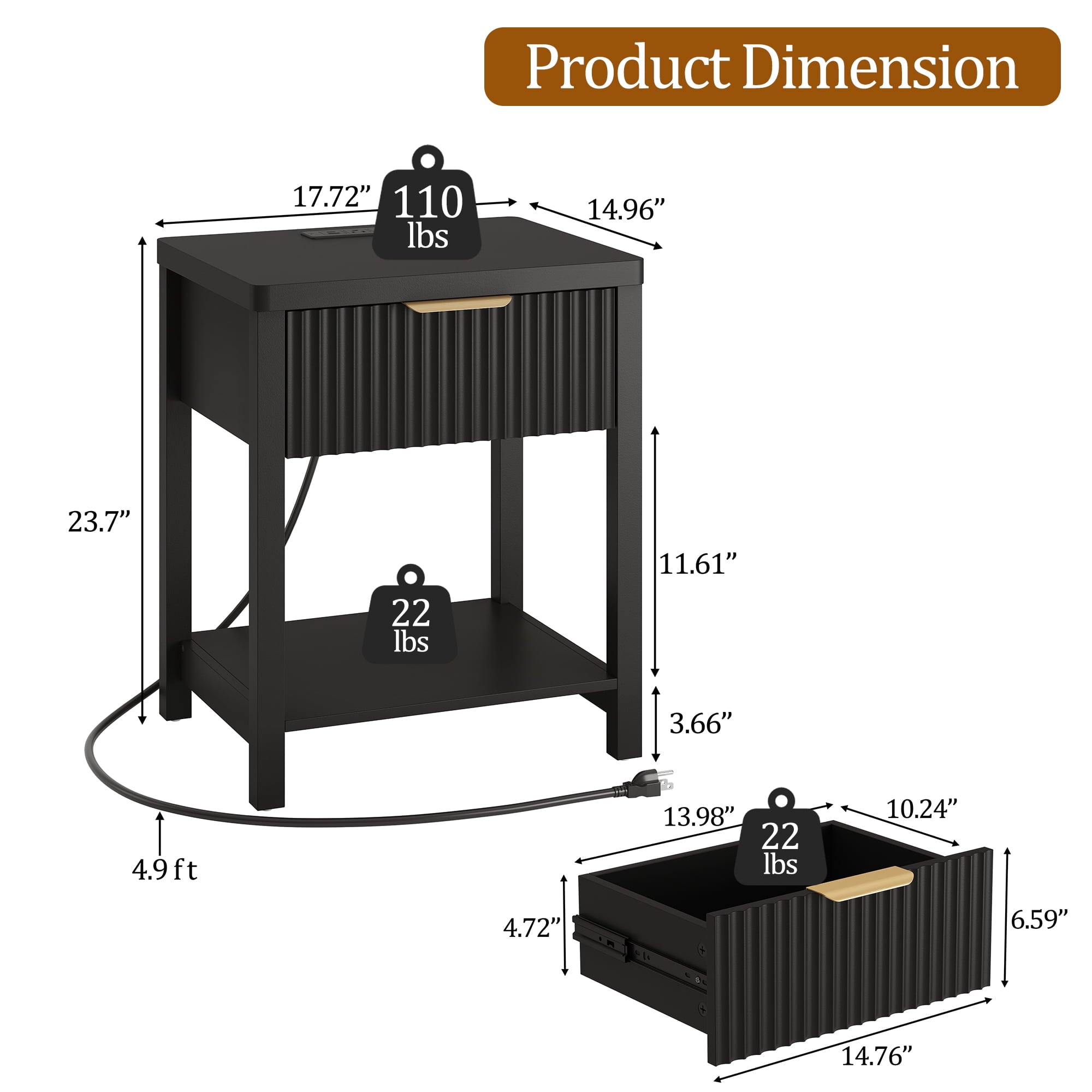 Modern Fluted Bedside Tables (Set of 2) | Integrated Power & Storage