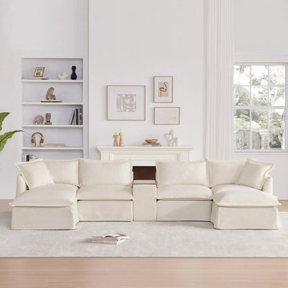 131'' Modular Sectional Sofa with Movable Ottoman and Console, Cup Holder, Wide Seat, 6 Seat U Shaped Couch, Oversized Chenille Sofa with USB Charger for Living Room, Apartments (Beige)