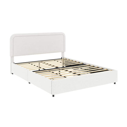 White Metal Upholstered Frame Queen Platform Bed with 2-Drawers Storage for Bedroom