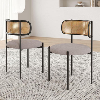 Light Gray Upholstered Dining Chair with Rattan Back (Set of 2)
