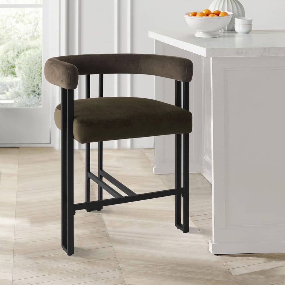High Back Metal Frame Counter Height Velvet Bar Stool Mink