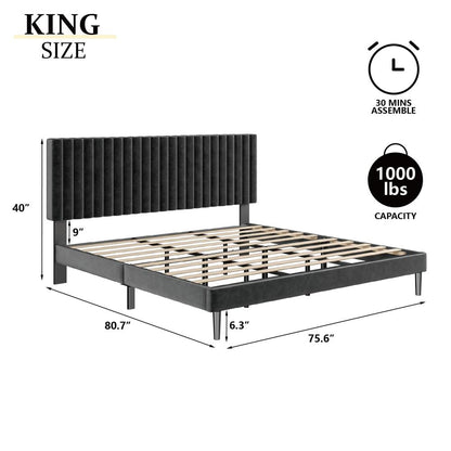 Luxury Velvet King Platform Bed – Elegant Upholstered Mattress Foundation