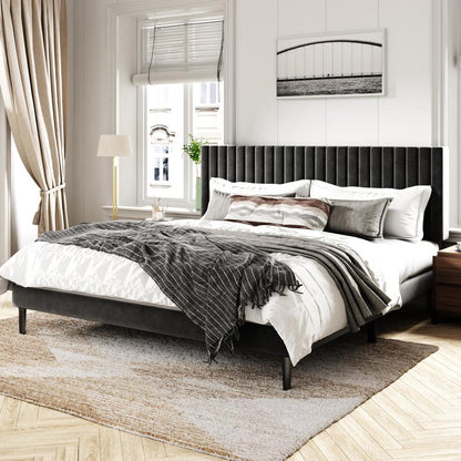 Luxury Velvet King Platform Bed – Elegant Upholstered Mattress Foundation