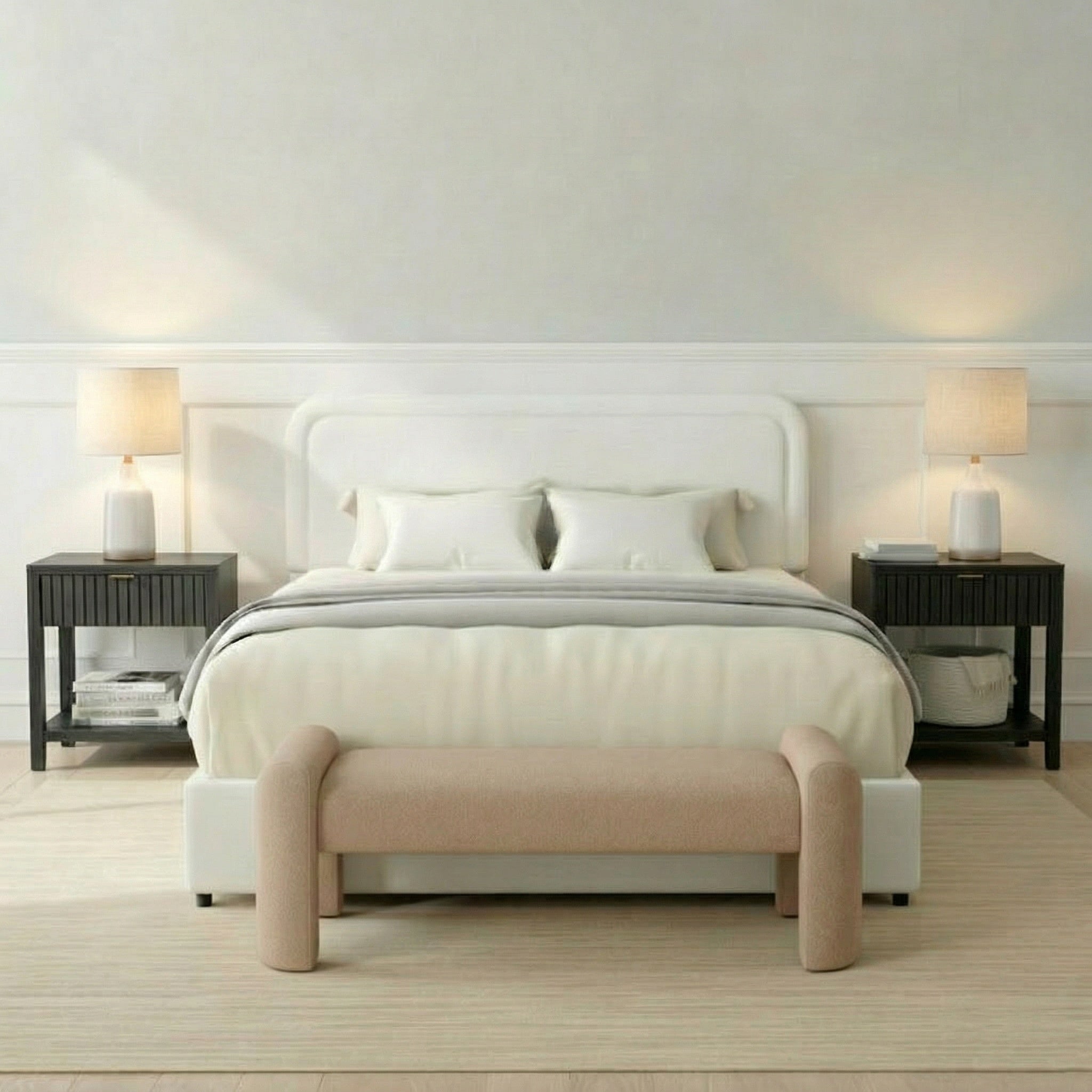 Hommeco Cream Ceramic and Faux Wood Table Lamp with White Fabric Shade