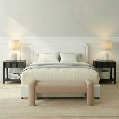 Hommeco Cream Ceramic and Faux Wood Table Lamp with White Fabric Shade