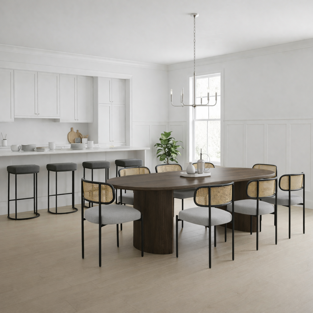 Hommeco Modern Oval Walnut Wood Top 79 In. Double Pedestal Base Dining Table Seats 8