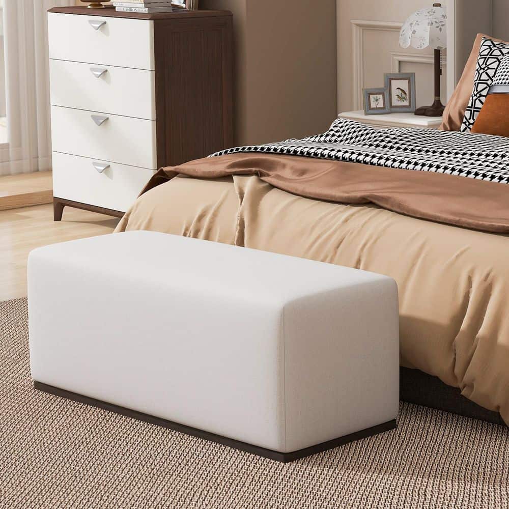 White Modern Polyester Upholstered Fabric Rectangle Accent Ottoman