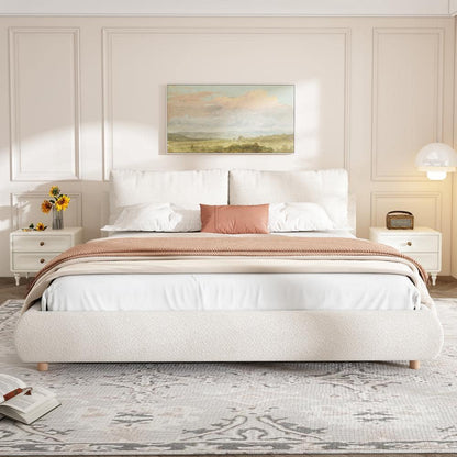 Linden White Boucle Fabric Upholstered Wood Frame King Size Platform Bed with Removable Pillow Headboard
