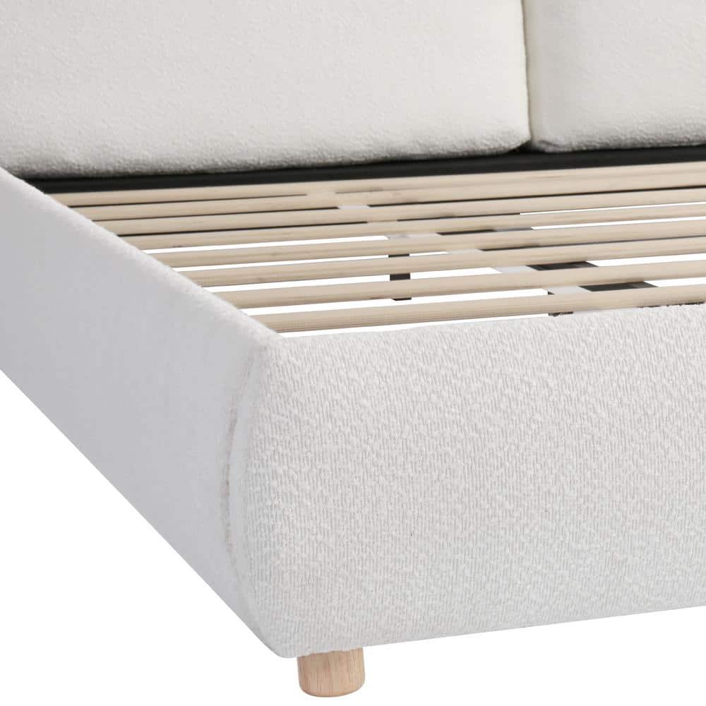Linden White Boucle Fabric Upholstered Wood Frame King Size Platform Bed with Removable Pillow Headboard
