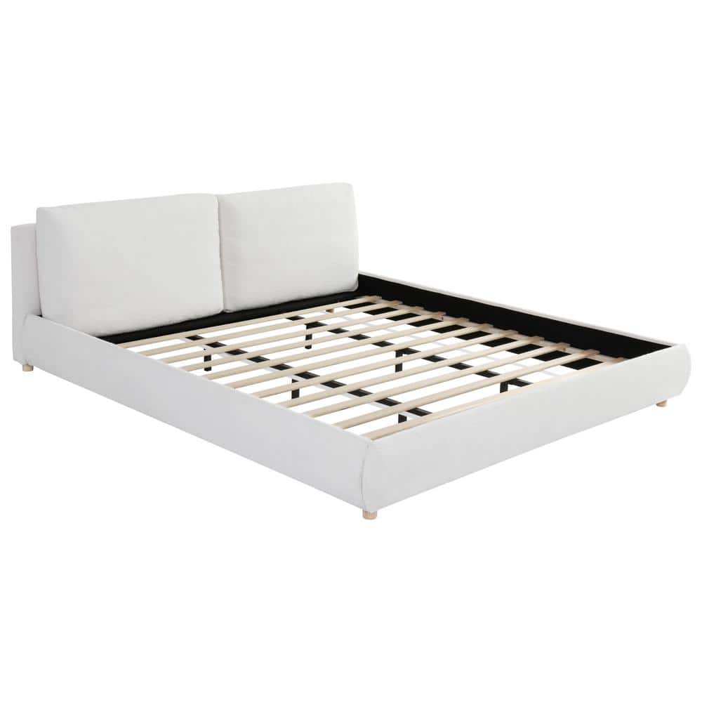 Linden White Boucle Fabric Upholstered Wood Frame King Size Platform Bed with Removable Pillow Headboard