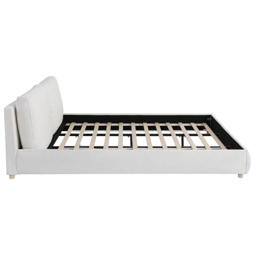 Linden White Boucle Fabric Upholstered Wood Frame King Size Platform Bed with Removable Pillow Headboard