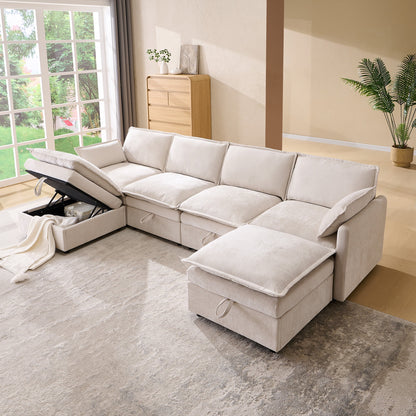 Modern U-Shaped Sectional Cloud Sofa | Chenille Fabric 4-Seat Couch with Storage & 2 Ottomans